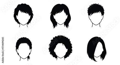 Various black silhouette hairstyles shown on faceless head shapes