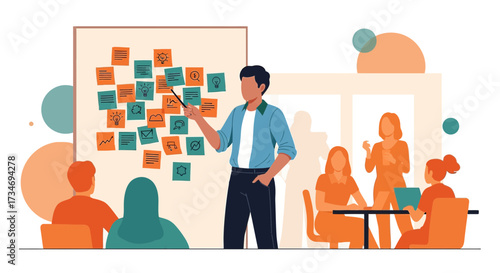 Brainstorming session with diverse team, ideas on sticky notes and team collaboration