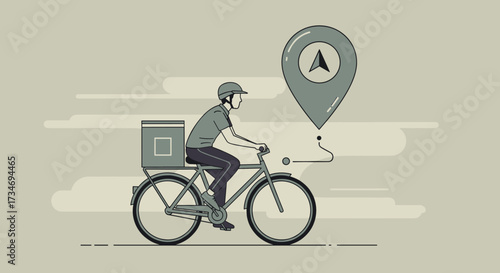 Delivery person on bicycle with package and location pin