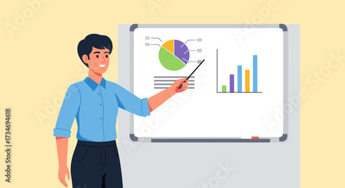 Cartoon man presenting pie chart and bar graph on whiteboard