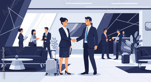 Business partnership illustration portraying agreement between professionals in a modern setting