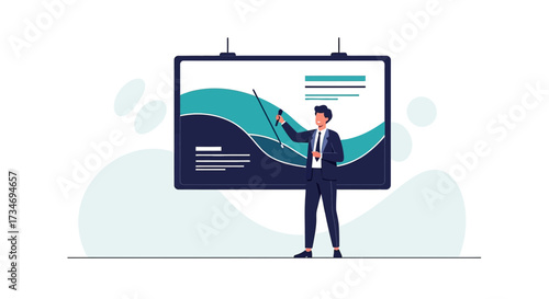 Business Presentation Illustration: A Confident Man Presenting on a Large Screen Design