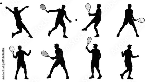 Silhouettes of tennis players and painters in action, worker and athlete figures, sports and labor poses in black vector.