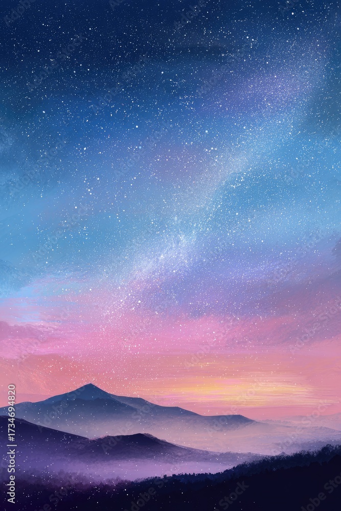 Fototapeta premium Misty mountain range, starry night sky