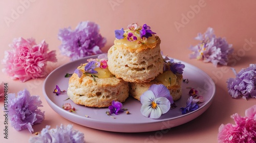  Three purple and white scones on a white plate, topped with frosting and surrounded by pink and purple flowers