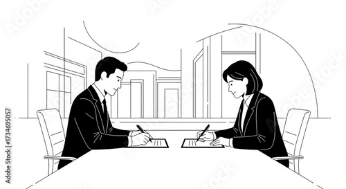 Business professionals finalizing an agreement signing a contract or document at a table