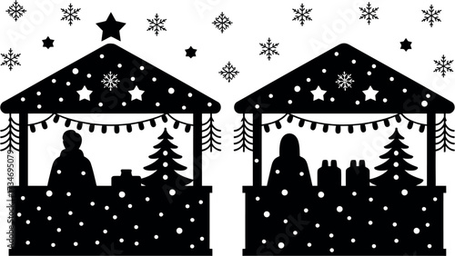 Festive winter market stalls with twinkling lights and snow