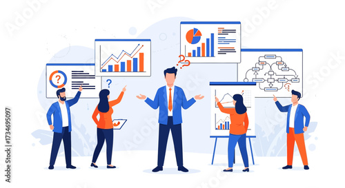 Business team analysis confused with data visualization and strategy brainstorming illustration