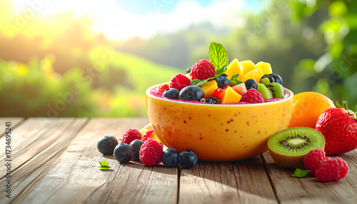 Fresh Fruit Fiesta: A vibrant array of ripe fruits bursts from a sunny wooden table, painting a picturesque scene of deliciousness and vitality.