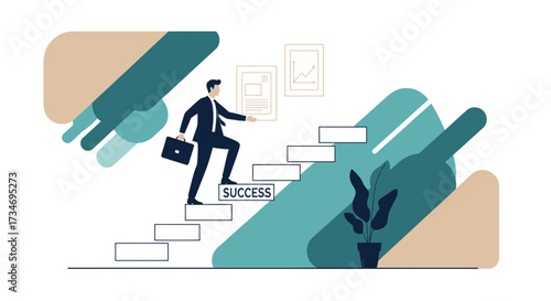 Businessman climbs the staircase to success conceptual vector illustration design