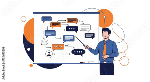 Businessman presenting a workflow diagram on whiteboard for business training and communication