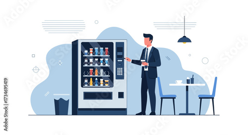 Businessman using vending machine during a break in modern corporate office setting