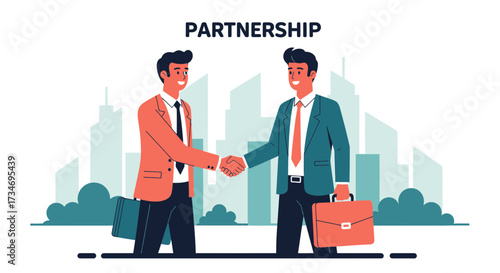 Businessmen closing a deal with handshake illustration in front of cityscape showing professional
