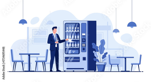 Businessman using vending machine inside office break room, enjoying a beverage and taking a