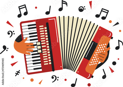 Hand playing a red accordion surrounded by colorful musical notes and sparkles creating a lively melody flat design vector illustration white background
