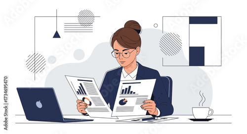 Businesswoman analyzing financial reports at her desk with a laptop and coffee cup showing focus