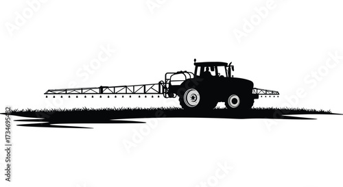 Silhouetted agricultural sprayer tractor vehicle depicted against a white background