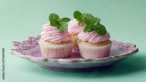  Two cupcakes with pink frosting and mint sprigs on a pink plate on a green background