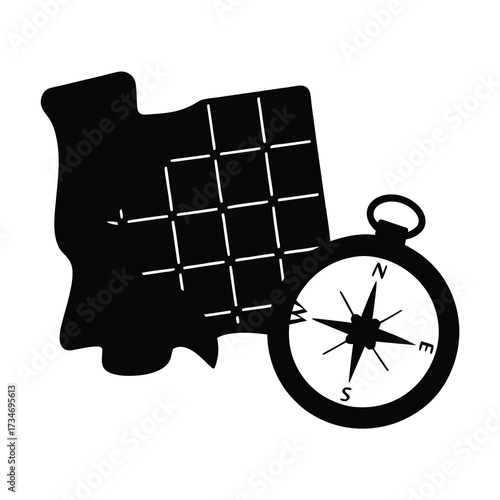 Black and white map illustration with a compass representing travel planning
