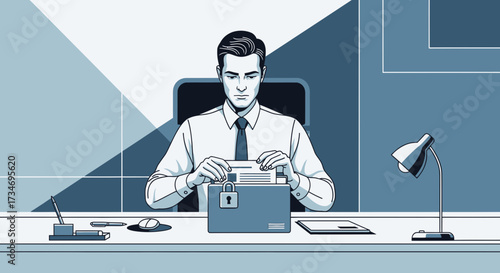 Cartoon businessman securing documents in a locked file folder at his office desk representing