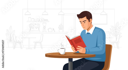 Man reading a book at a cafe table with coffee