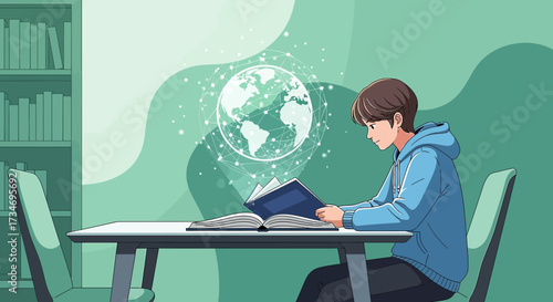 Cartoon depiction of a student reading a book with a digital globe overlay representing global