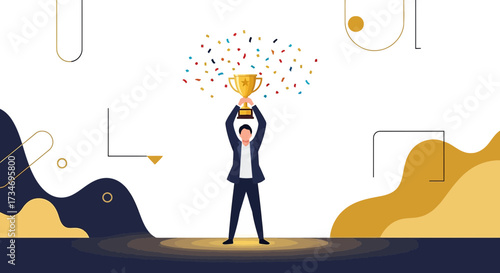 Celebrating Success: Vector Illustration of a Man Holding a Trophy Amidst Confetti