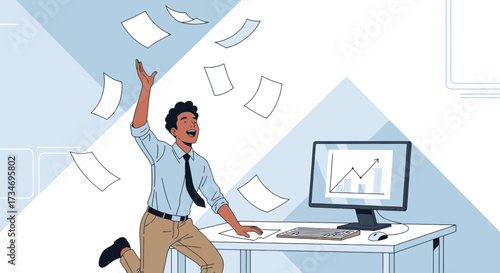 Celebrating success, a cheerful employee enjoys business growth illustration showing positive growth
