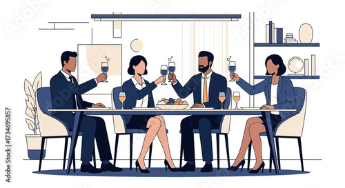 Celebration of business success in a stylish restaurant vector illustration