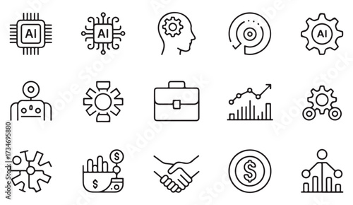 Collection of line icons showing artificial intelligence, robot, neural networks, and business workflow for innovation design