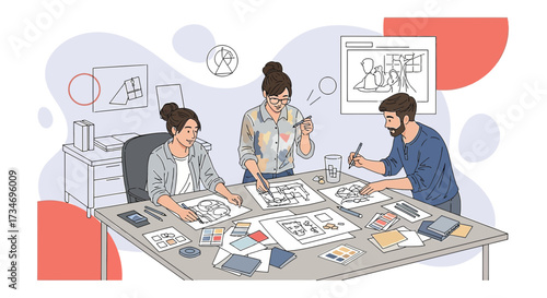 Collaborative design team working on architectural and interior planning drawings together
