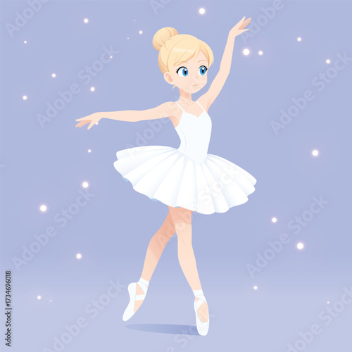 Dancing ballerina in white tutu dress. Vector illustration of cute dancerin flat cartoon style. 

