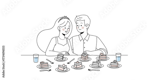 Line art illustration of a newlywed couple with multiple cake slices