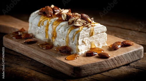   A scrumptious cake perched atop a rustic cutting board adorned with delectable nutty toppings and oozing caramel sauce