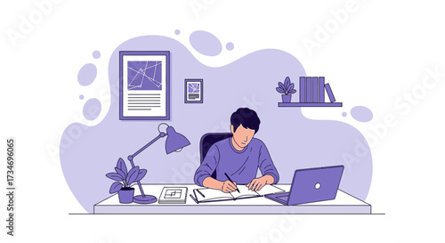 Concentrated student studying at home with laptop and writing in notebook creating a cozy and