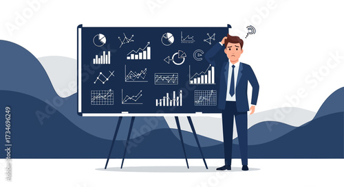 Confused businessman analyzing complex data and charts on a presentation board wondering