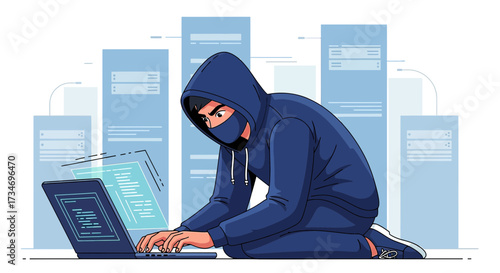 Cybersecurity threat illustration featuring a hooded hacker using a laptop for unauthorized access