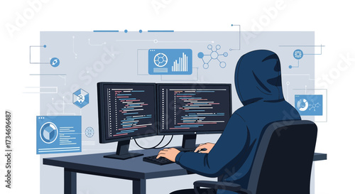Cybersecurity threat illustration with a hacker coding on dual monitors at a desk