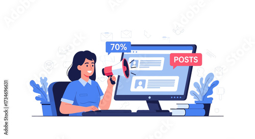 Digital Marketing Campaign: Woman with Megaphone Promoting Online Content Strategy