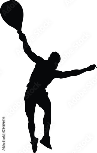 Silhouette of a male tennis player in mid-air serving a ball with a racket Keywords: tennis, player, male, silhouette, sport, action, serving, jumping