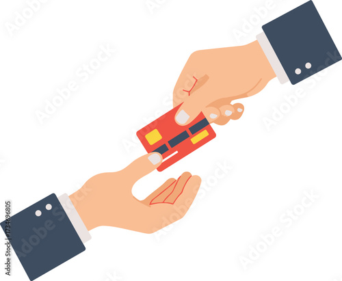 Hands exchanging credit card for secure payment transaction and financial transaction concept flat design vector illustration white background