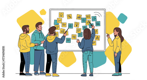 Diverse team brainstorming and collaborating on a project using sticky notes and whiteboard