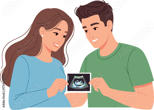 Smiling couple holding ultrasound picture of baby