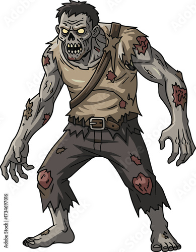 Cartoon zombie, scary undead, glowing eyes, horror monster, Halloween, decayed flesh