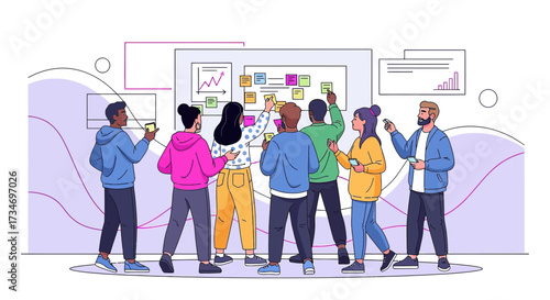 Diverse team collaborating on a project using sticky notes and data visualization on whiteboard