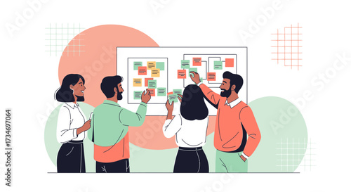 Diverse team collaborating on a project with sticky notes and visual representation for