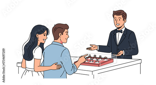 Couple shopping for rings at a jewelry store with a salesman