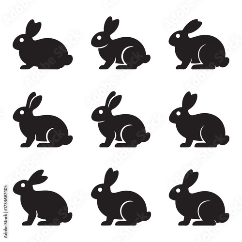 Nine Black Rabbit Silhouettes on White Background
