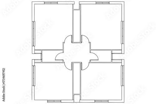 Vector art of architectural blueprint of a building floor plan with four rooms connected by a central hallway, showcasing the layout and design