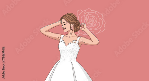 Illustration of a woman in a wedding dress with hands behind her head